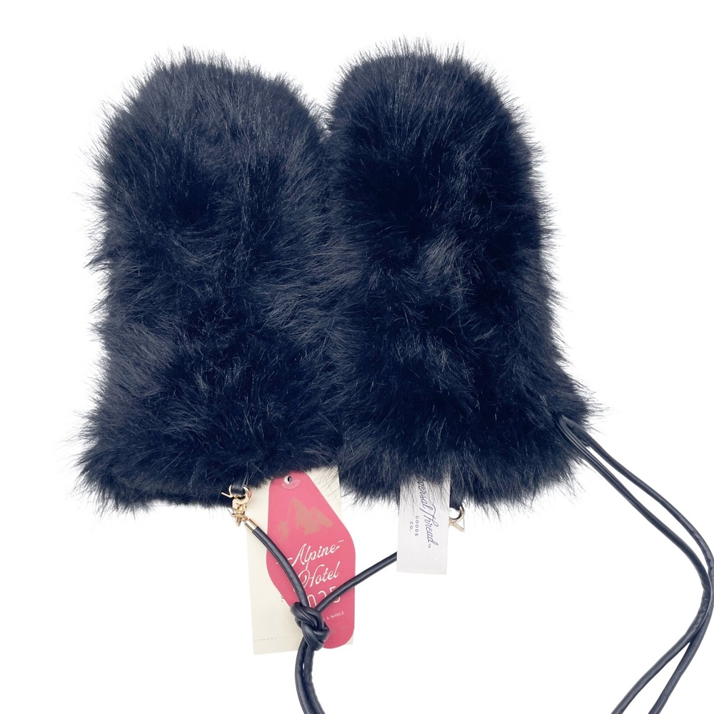 Universal Thread Women's Black Faux Fur Plush Mittens With String One Size